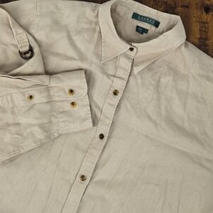 Lauren Ralph Lauren Womens 100% Linen Button Up Roll Tab Sleeve Tan Safari Sz L